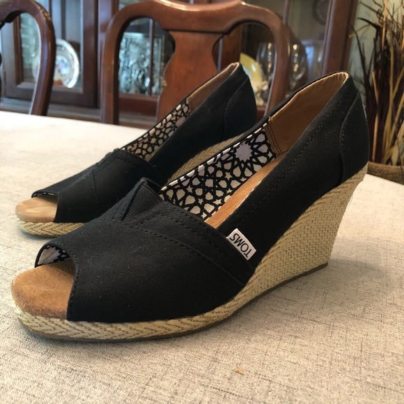 Toms Shoes - Toms Black Peep Toe Wedges Heels Sandals New